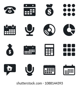 Set of vector isolated black icon - calendar vector, circle chart, microphone, menu, calculator, phone, home message, money bag
