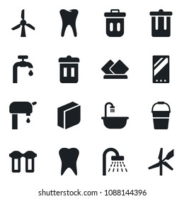 Set of vector isolated black icon - trash bin vector, shower, bucket, tooth, mobile, blank box, water supply, bathroom, serviette, filter, windmill