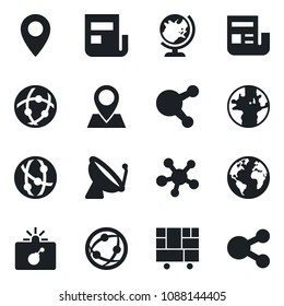Set of vector isolated black icon - satellite antenna vector, bomb in case, globe, earth, pin, consolidated cargo, network, share, news, social media