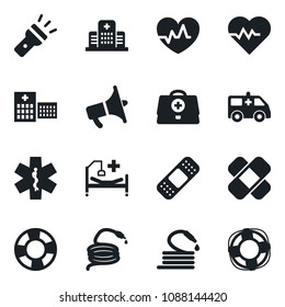 Set of vector isolated black icon - hose vector, heart pulse, doctor case, patch, ambulance star, car, hospital bed, loudspeaker, torch, crisis management