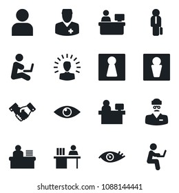 Set of vector isolated black icon - male vector, female, handshake, manager place, eye, doctor, user, desk, shining head, man with notebook