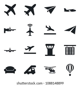 Set of vector isolated black icon - plane vector, airport tower, radar, departure, arrival, waiting area, ladder car, boarding, helicopter, flight table, paper, air balloon