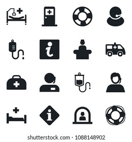 Set of vector isolated black icon - reception vector, medical room, doctor case, dropper, ambulance car, hospital bed, support, information, crisis management