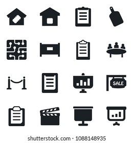 Set of vector isolated black icon - fence vector, meeting, clipboard, clapboard, presentation board, sale, smart home, cutting, chip