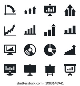 Set of vector isolated black icon - growth statistic vector, presentation board, crisis graph, monitor, circle chart, statistics, bar, arrow up
