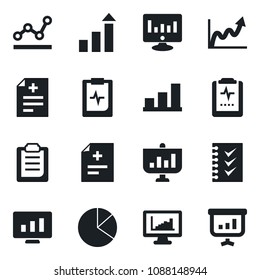 Set of vector isolated black icon - growth statistic vector, monitor, diagnosis, pulse clipboard, statistics, bar graph, pie, checklist, point, presentation