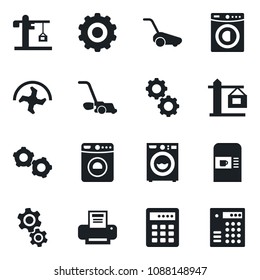 Set of vector isolated black icon - coffee machine vector, washer, gear, ripper, lawn mower, printer, crane, combination lock