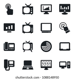 Set of vector isolated black icon - radar vector, notebook pc, statistic monitor, pulse, tv, touch screen, statistics, intercome