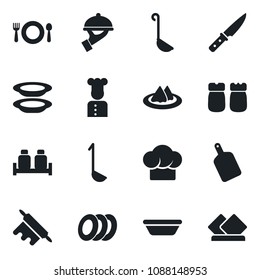 Set of vector isolated black icon - cook vector, serviette, cafe, hat, plates, waiter, salt and pepper, ladle, bowl, rolling pin, cutting board, knife