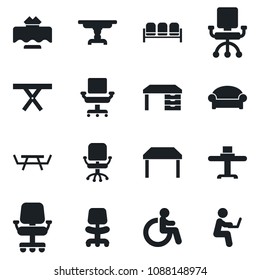 Set of vector isolated black icon - waiting area vector, disabled, office chair, desk, picnic table, restaurant, man with notebook