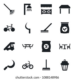 Set of vector isolated black icon - cafe vector, ladder car, rake, sickle, picnic table, fertilizer, bike, alcove, outdoor lamp