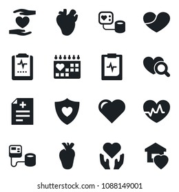 Set of vector isolated black icon - heart vector, pulse, diagnosis, blood pressure, diagnostic, shield, hand, real, medical calendar, clipboard, sweet home