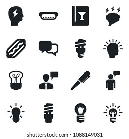 Set of vector isolated black icon - speaking man vector, pen, brainstorm, bulb, dialog, wine card, hot dog, energy saving, shining head, idea