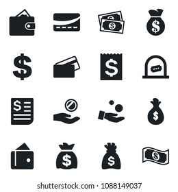 Set of vector isolated black icon - ticket office vector, dollar sign, money bag, cash, receipt, credit card, wallet, investment