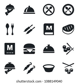 Set of vector isolated black icon - spoon and fork vector, dish, cafe, menu, waiter, steak, kebab, hamburger, bowl, sushi