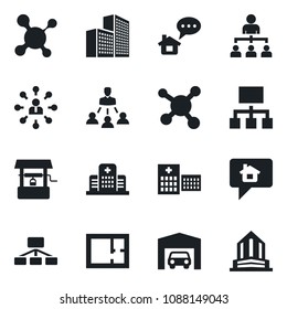 Set of vector isolated black icon - hierarchy vector, well, molecule, hospital, office building, garage, plan, home message