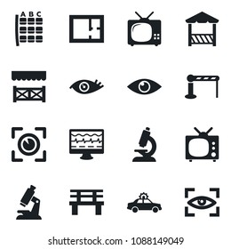 Set of vector isolated black icon - barrier vector, alarm car, seat map, bench, monitor pulse, microscope, eye, plan, tv, alcove, scan