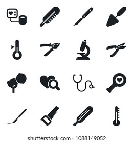 Set of vector isolated black icon - trowel vector, pruner, saw, stethoscope, blood pressure, thermometer, heart diagnostic, microscope, scalpel, microphone