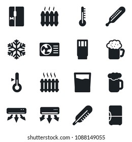 Set of vector isolated black icon - thermometer vector, heater, air conditioner, fridge, drink, beer, snowflake