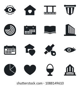 Set of vector isolated black icon - radar vector, office building, book, pennant, heart, eye, satellite, term, film frame, id, calendar, pie graph, sweet home, egg stand