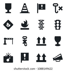 Set of vector isolated black icon - barrier vector, bomb in case, border cone, important flag, traffic light, fragile, up side sign, no hook, flammable, loudspeaker
