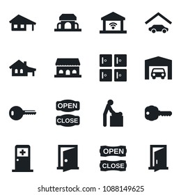 Set of vector isolated black icon - baby room vector, medical, checkroom, house with garage, key, cafe building, open close, gate control, door