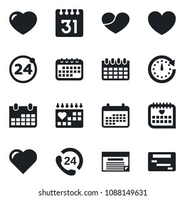 Set of vector isolated black icon - 24 around vector, calendar, heart, medical, hours, clock, schedule