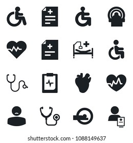 Set of vector isolated black icon - disabled vector, heart pulse, diagnosis, stethoscope, tomography, hospital bed, real, clipboard, patient