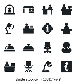 Set of vector isolated black icon - reception bell vector, office chair, desk, manager place, support, lamp, information