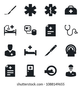 Set of vector isolated black icon - medical room vector, doctor case, diagnosis, stethoscope, blood pressure, scalpel, tomography, ambulance star, hospital bed