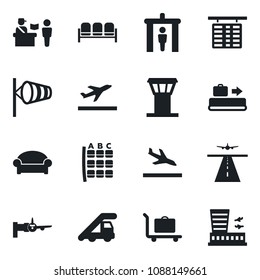 Set of vector isolated black icon - airport tower vector, runway, departure, arrival, baggage conveyor, trolley, passport control, security gate, waiting area, ladder car, wind, boarding, seat map