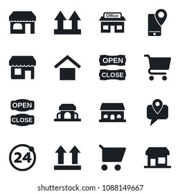 Set of vector isolated black icon - 24 around vector, shop, store, mobile tracking, warehouse storage, up side sign, cafe building, open close, cart, storefront