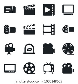 Set of vector isolated black icon - ticket vector, office, clapboard, film frame, reel, tv, video camera
