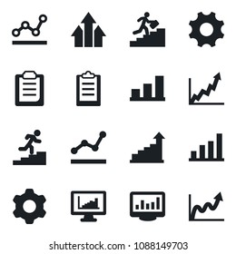 Set of vector isolated black icon - growth statistic vector, settings, clipboard, monitor statistics, bar graph, point, career ladder, arrow up