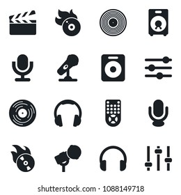 Set of vector isolated black icon - clapboard vector, vinyl, flame disk, microphone, remote control, headphones, speaker, tuning