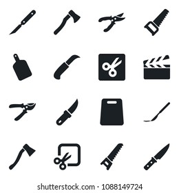 Set of vector isolated black icon - pruner vector, saw, garden knife, axe, scalpel, clapboard, cut, cutting board