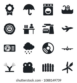 Set of vector isolated black icon - plane vector, factory, circle chart, stamp, fence, rain, umbrella, video, sertificate, manager desk, pool, air conditioner, irrigation, washer, windmill