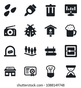 Set of vector isolated black icon - trash bin vector, signpost, ticket office, team, statistic monitor, lady bug, seeds, bird house, store, radio, hdmi, scanner, beer, bulb, certificate, sand clock