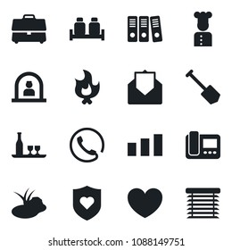 Set of vector isolated black icon - reception vector, job, fire, pond, heart, shield, sorting, mail, case, paper binder, phone, cook, alcohol, salt and pepper, intercome, jalousie