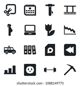 Set of vector isolated black icon - tie vector, ambulance car, barbell, medical calendar, pregnancy, tulip, film frame, laptop pc, rewind, cut, bar graph, document search, paper binder, socket