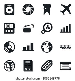 Set of vector isolated black icon - airport bus vector, circle chart, caries, plane, speaker, mobile camera, stopwatch, bar graph, contract, hot dog, steaming pan, consumer search, earth, schedule