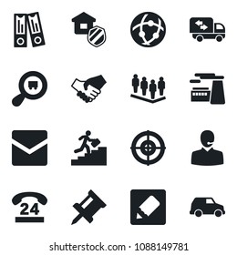 Set of vector isolated black icon - team vector, office binder, factory, 24 hours, search cargo, mail, network, notes, drawing pin, support, target, career ladder, moving, estate insurance, car