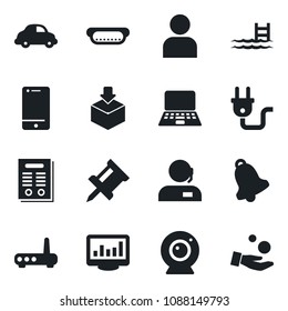 Set of vector isolated black icon - notebook pc vector, car delivery, package, cell phone, user, bell, monitor statistics, drawing pin, support, contract, pool, hot dog, power plug, router
