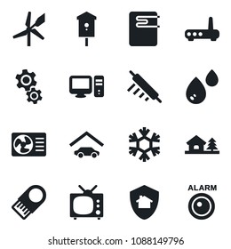 Set of vector isolated black icon - bird house vector, with tree, garage, tv, rolling pin, water heater, router, snowflake, air conditioner, pc, gear, home protect, windmill, usb flash, alarm led