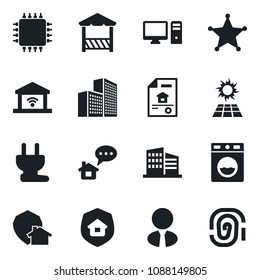 Set of vector isolated black icon - office building vector, estate document, agent, insurance, alcove, chip, power plug, pc, washer, garage gate control, home protect, police, sun panel, message