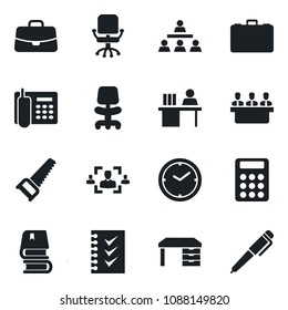 Set of vector isolated black icon - office chair vector, case, desk, saw, clock, hr, calculator, phone, checklist, manager, meeting, hierarchy, book, pen