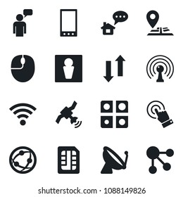Set of vector isolated black icon - satellite antenna vector, male, speaking man, mouse, navigation, network, touch screen, mobile, sim, data exchange, wireless, application, home message