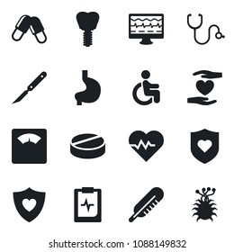 Set of vector isolated black icon - heart pulse vector, monitor, stethoscope, thermometer, scales, pills, scalpel, shield, disabled, hand, stomach, implant, clipboard, virus