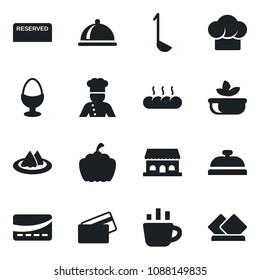 Set of vector isolated black icon - coffee vector, pumpkin, cook, dish, serviette, hat, reserved, reception, salad, egg stand, bread, cafe building, credit card, ladle