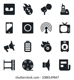 Set of vector isolated black icon - film frame vector, reel, flame disk, microphone, antenna, speaker, loudspeaker, tv, cell phone, radio, battery, record, news